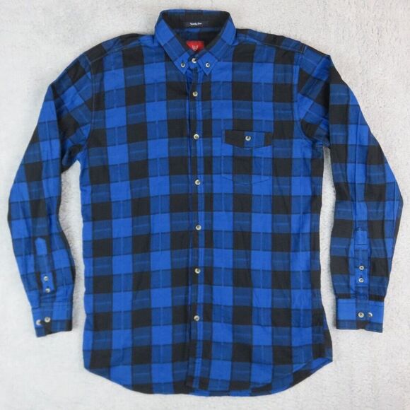 Mens Undercut Twenty One Button Front Plaid Shirt Blue Black Flannel XL Slim Fit - Picture 1 of 10
